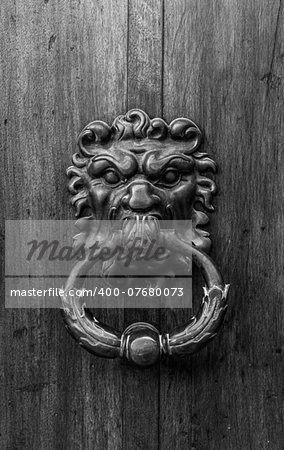 Italy. Ancient knocker on old wood door.