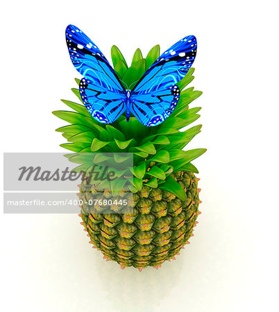 Blue butterflys on a pineapple on a white background