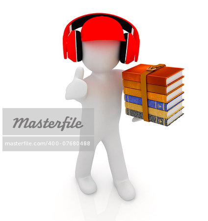 3d white man in a red peaked cap with thumb up, books and headphones on a white background