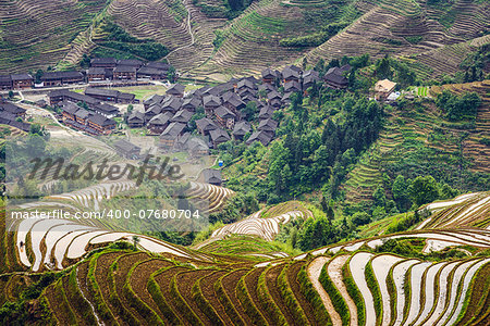 Village on Yaoshan Mountain in Guangxi, China.