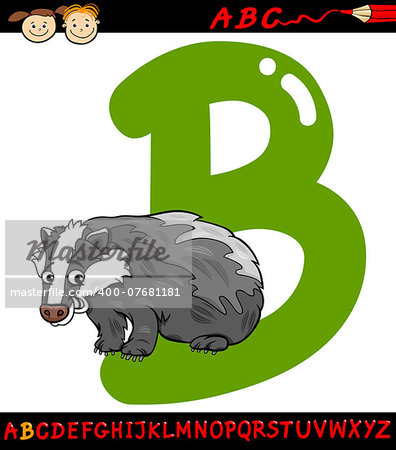 Cartoon Illustration of Capital Letter B from Alphabet with Badger Animal for Children Education