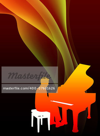 Piano Musician on Abstract Flowing Flame Background Original Illustration