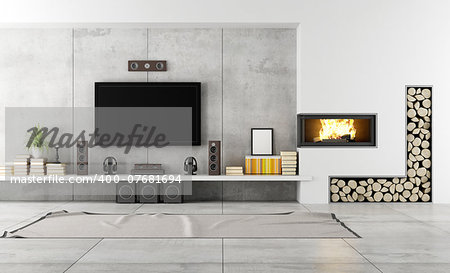 Modern living room with TV and fireplace - rendering
