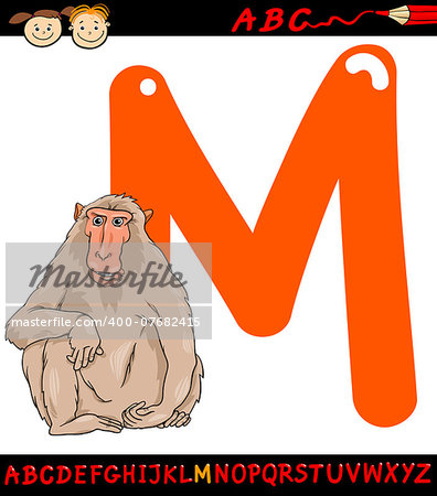 Cartoon Illustration of Capital Letter M from Alphabet with Macaque Animal for Children Education