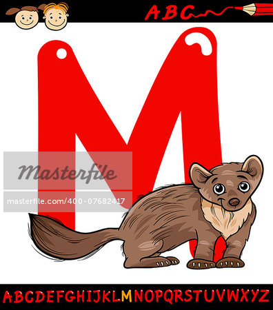 Cartoon Illustration of Capital Letter M from Alphabet with Marten Animal for Children Education