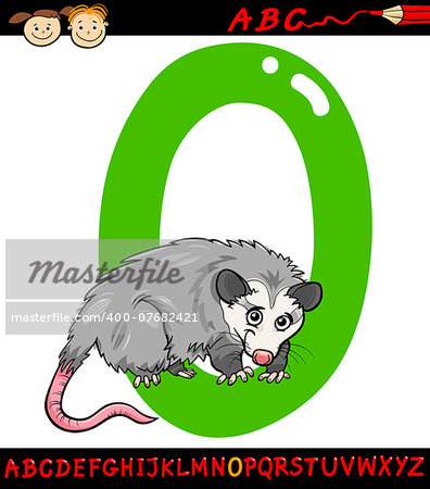 Cartoon Illustration of Capital Letter O from Alphabet with Opossum Animal for Children Education