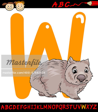 Cartoon Illustration of Capital Letter W from Alphabet with Wombat Animal for Children Education