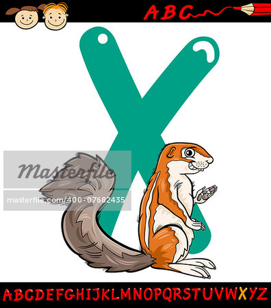 Cartoon Illustration of Capital Letter X from Alphabet with Xerus Animal for Children Education