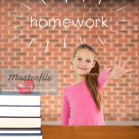 The word homework and cute girl with hand out against red apple on pile of books