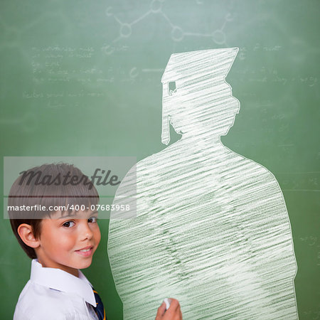 Composite image of cute pupil with graduate outline in classroom