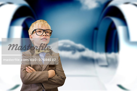 Cute pupil dressed up as teacher  against cloud in a futuristic structure