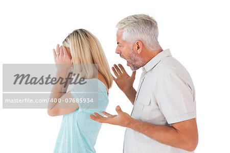 Angry man shouting at his wife on white background