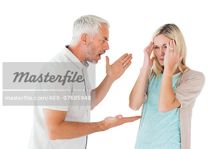 Angry man shouting at his partner on white background