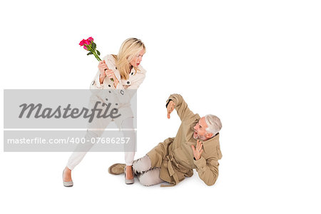 Angry woman attacking partner with rose bouquet on white background