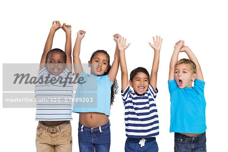 Cute children cheering at camera on white background