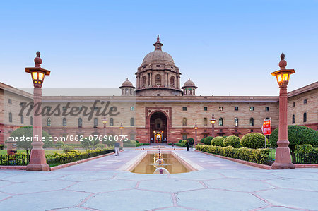 Asia, India, Delhi, the Secretariat - parliament buildings by Herbert Baker on Raisina Hill at the end of the Rajpath. This building in the north block houses Ministry of Defence and key cabinet offices.