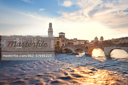 Italy, Italia Veneto, Verona district. Verona. Italy, Veneto, Verona district, Verona. Ponte Pietra and Church of San Giorgio in Braida in backround.