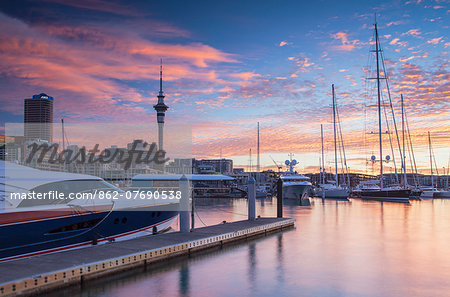 Sky Tower and Viaduct Harbour at sunset, Auckland, North Island, New Zealand