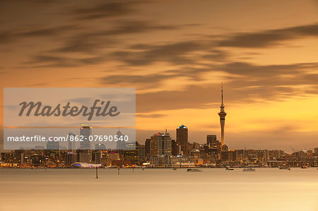 View of Auckland skyline at dusk, Auckland, North Island, New Zealand