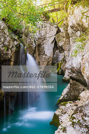 Slovenia, Gorenjska Region, Soca Valley. Velika Korita is a small gorge on the Soca River in Triglav National Park close to Bovec.