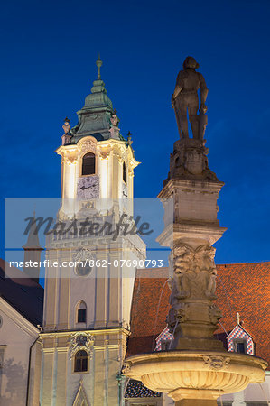 Old Town Hall and Roland's Fountain in Hlavne Nam (Main Square) at dusk, Bratislava, Slovakia