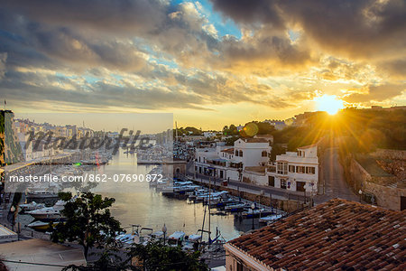 Sunset view over the old port, Ciutadella, Minorca or Menorca, Balearic Islands, Spain