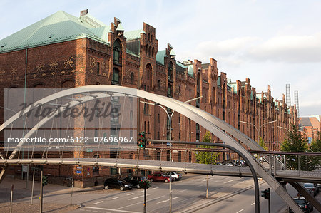 Speicherstadt, footbridge and historic warehouses, Hamburg, Germany