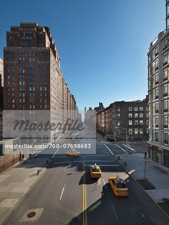 Overview of street from High Line footpath on Christmas Day, New York City, New York, USA