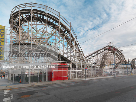 Closed amusement park ride the "Cyclone" on Coney Island in winter, New York City, New York, USA
