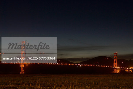 Golden Gate Bridge lit up at night