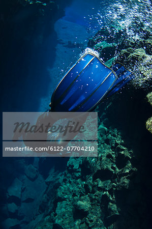 Close up of divers fins underwater