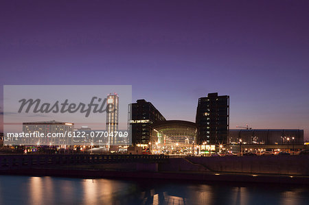 City skyline lit up at night