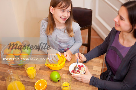 Mother and daughter having breakfast