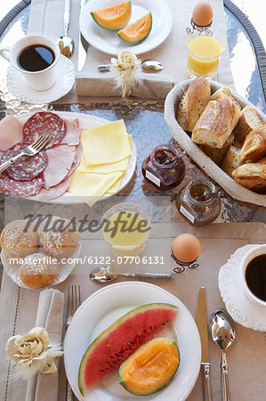 Table laid with breakfast