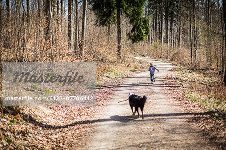 Boy and dog on dirt path in forest