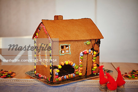 Close up of decorated gingerbread house