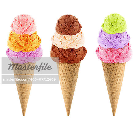 Three Ice cream with cone on white background with clipping path.