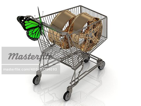 3D shopping trolley in high definition. Buying the new gold rims for summer. Isolated on a white background with green butterfly