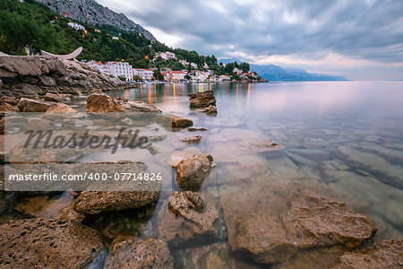 Rocky Beach and Small Village near Omis in the Morning, Dalmatia, Croatia