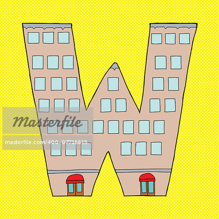 W letter in shape of tall hotel building