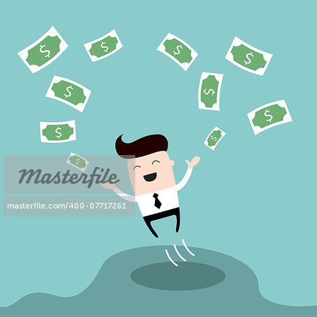 Happy businessman jumping surrounded by money Cute cartoon character Profit successful business concept Vector illustration