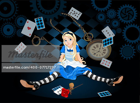 Confused Alice after she has grown in size and do not know what to do on flying elements background