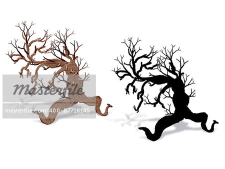 Painted fantasy dead tree and black silhouette on white background.