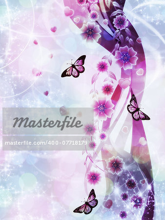 Beautiful pink ornament with butterflies and flowers on abstract background.