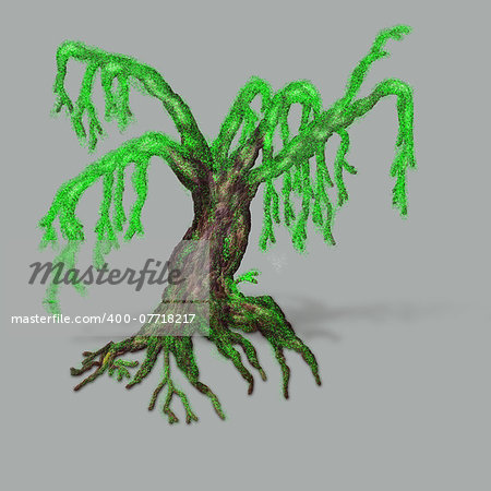 Painted fantasy spring tree on dark gray background.