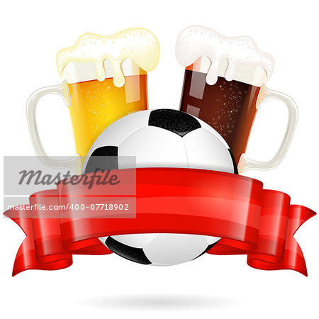 Soccer Poster with Ball, Glasses of Beer and Red Ribbon, vector isolated on white