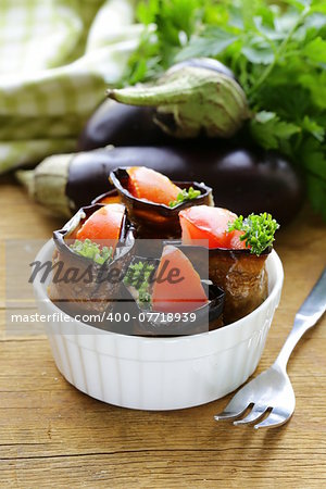 vegetable saute fried eggplant rolls with tomatoes