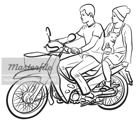 Editable vector sketch of two people and a puppy on a motorcycle