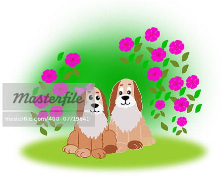 Two dogs sitting together at a rose Bush