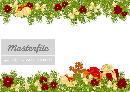 Christmas card with decorations - bows, stars and poinsettia. Vector illustration.